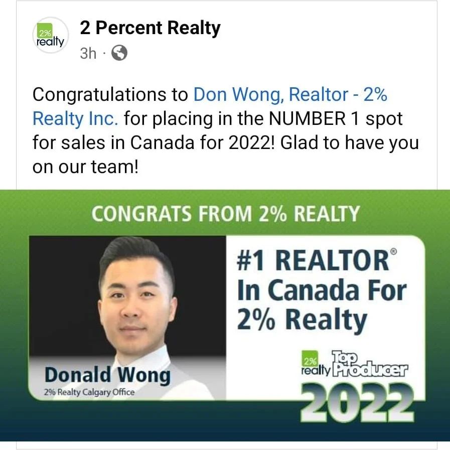 2% Canada #1 (number 1) Realtor facebook post