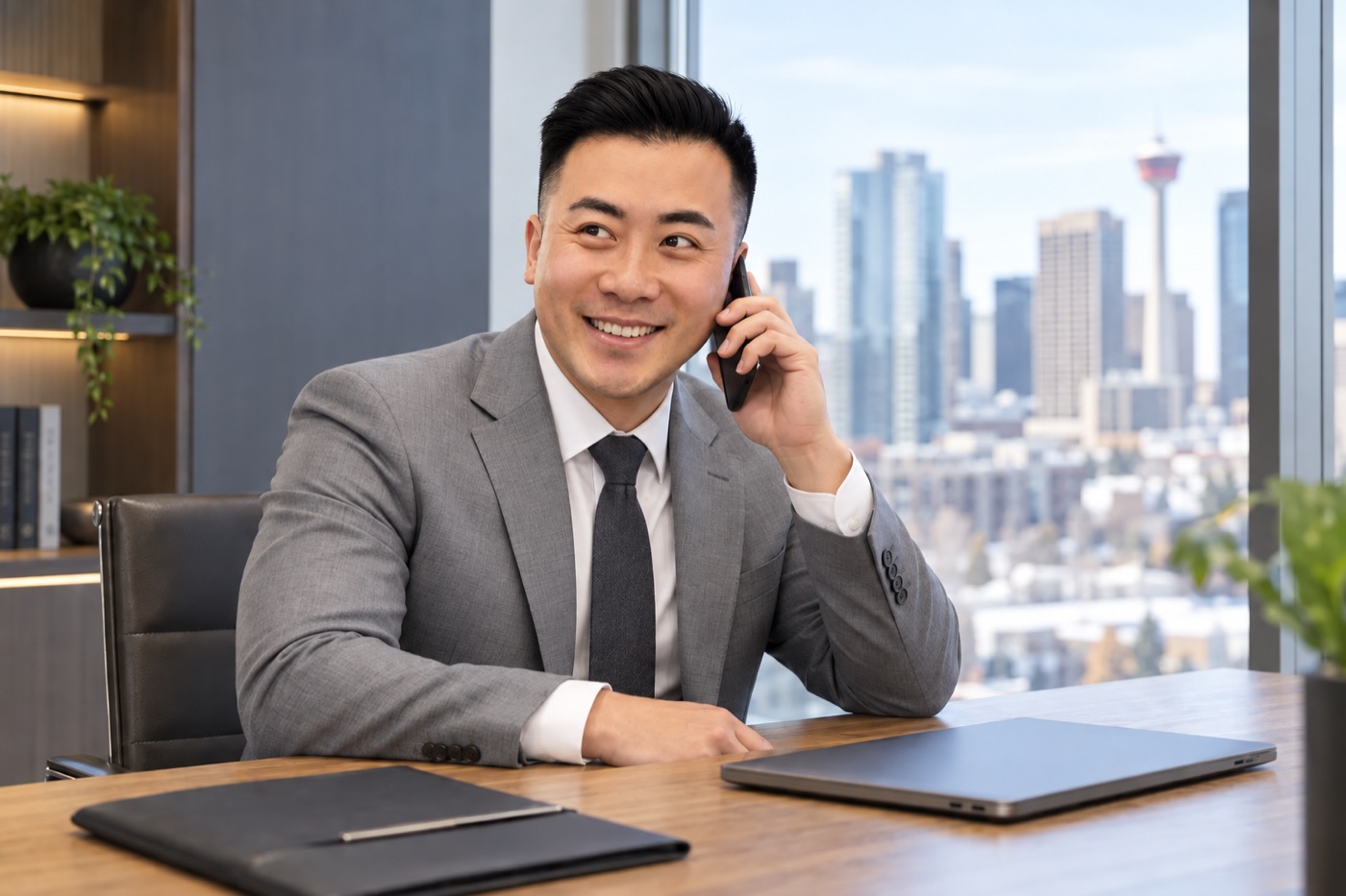Don seated at his desk speaking on the phone, in a grey suit